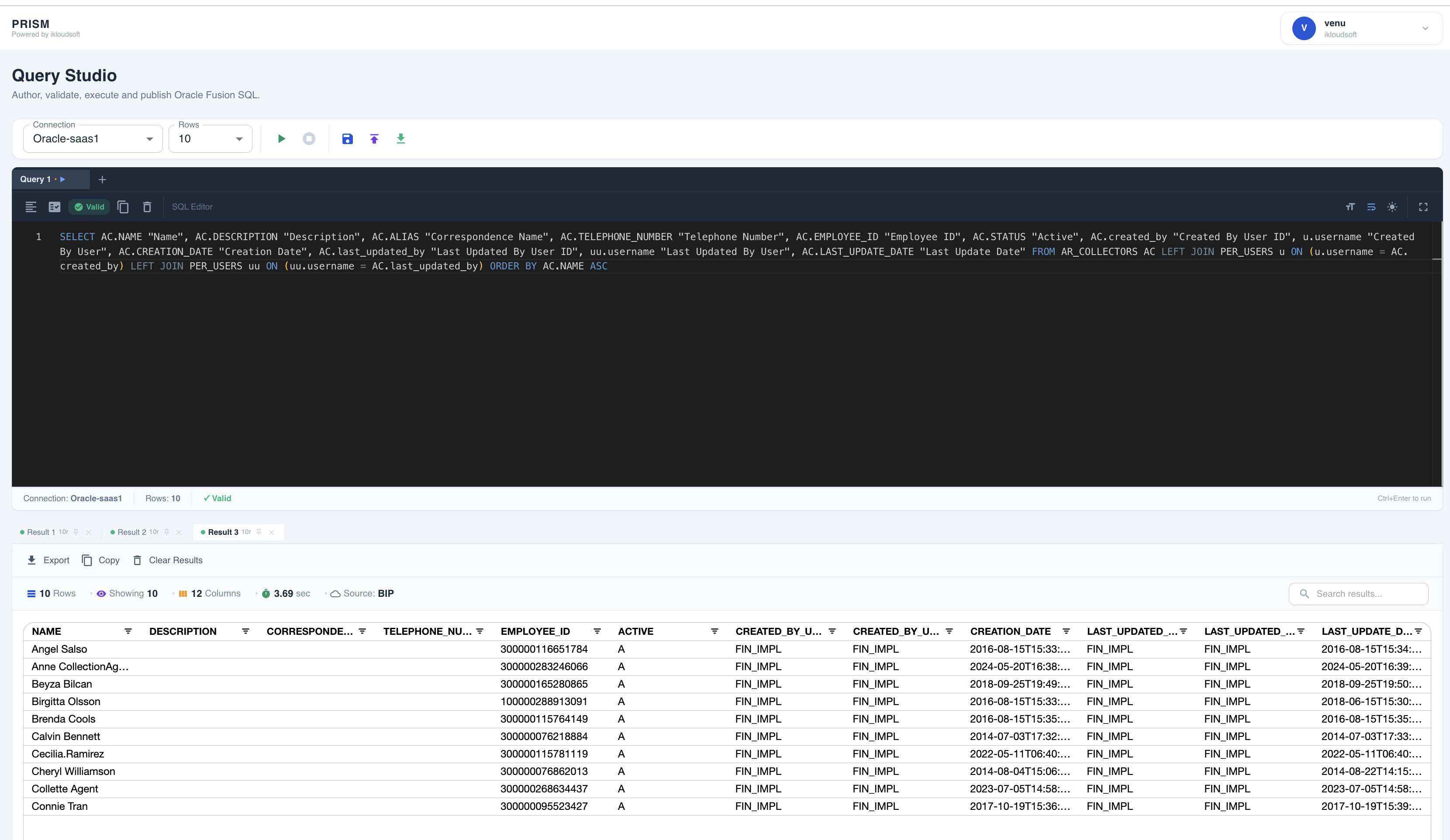 PRISM Query Studio showing multiple result tabs and a structured query result grid.