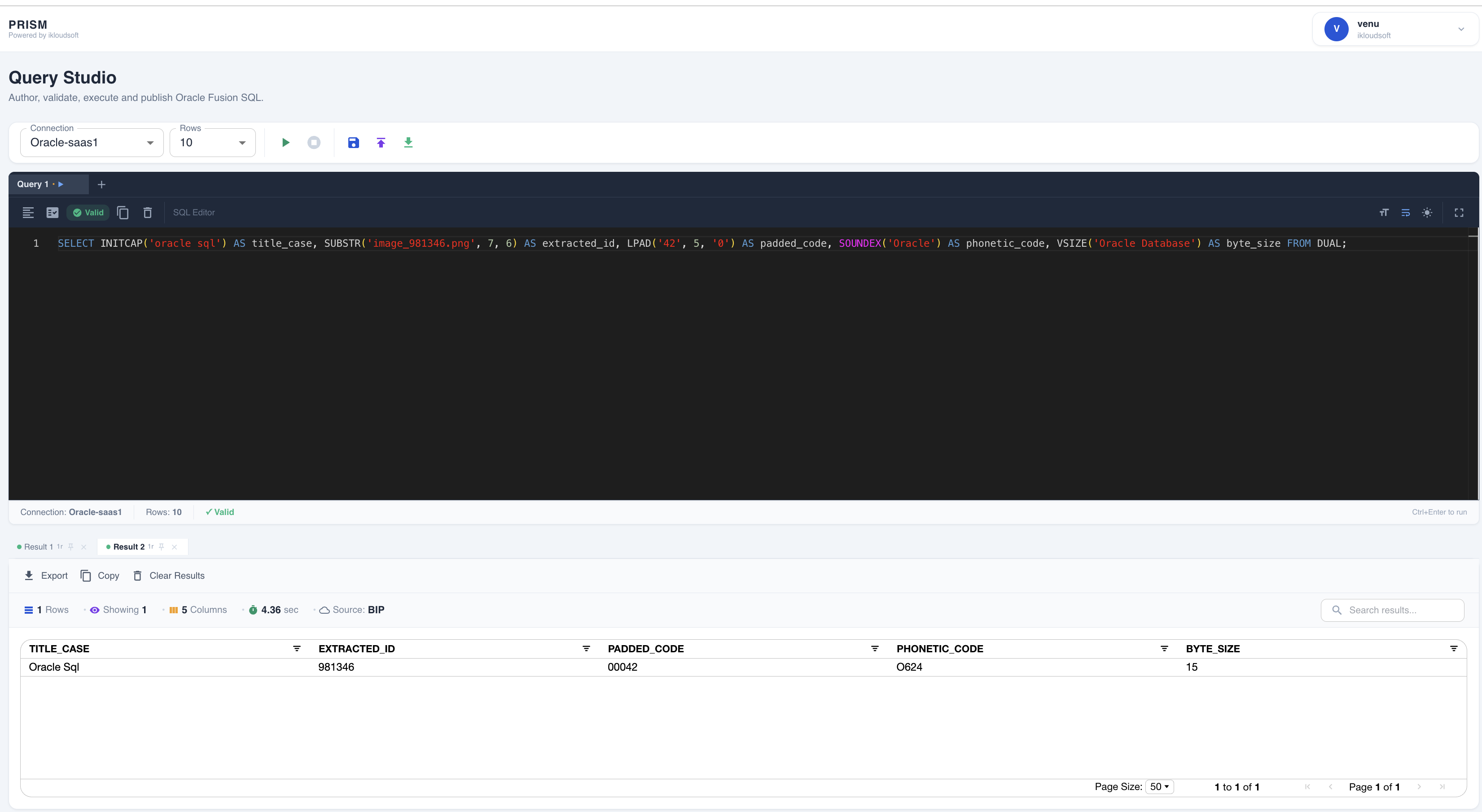 PRISM Query Studio showing validated SQL, BI Publisher publishing options and a query result grid.