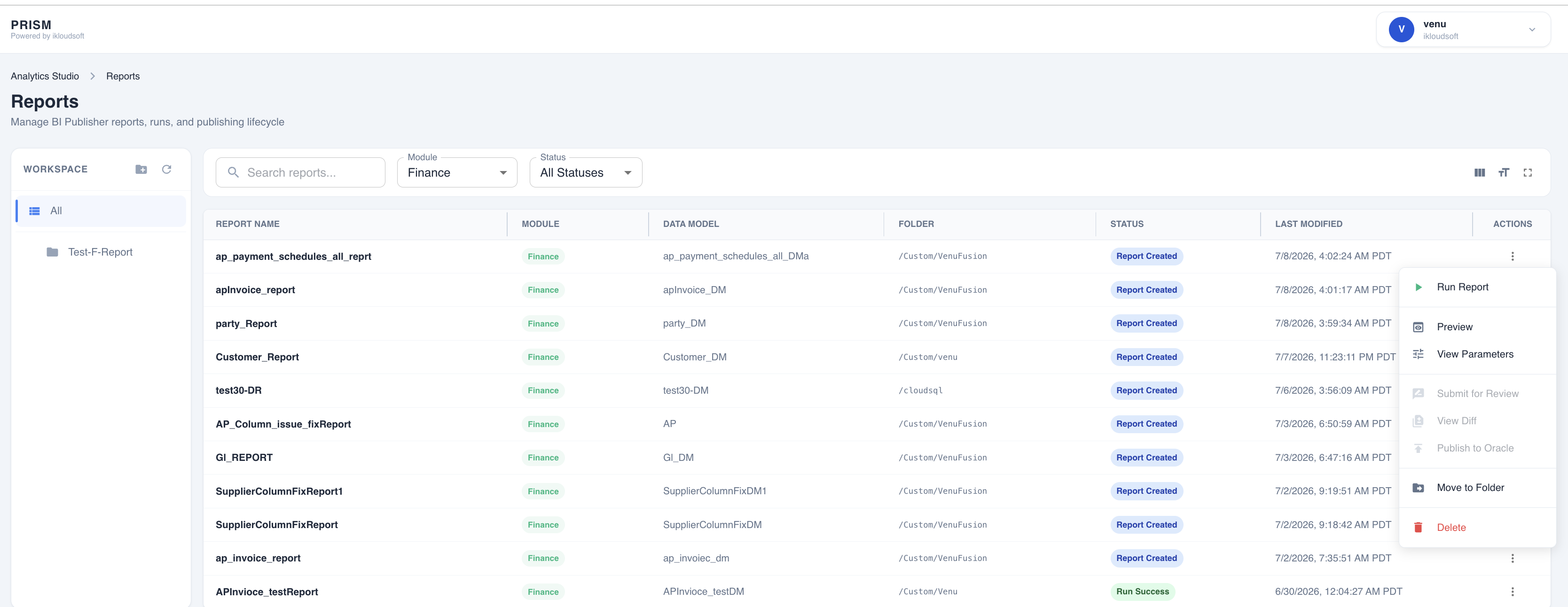 PRISM Analytics Studio listing saved BI Publisher reports with Run Report, Preview and View Parameters actions.